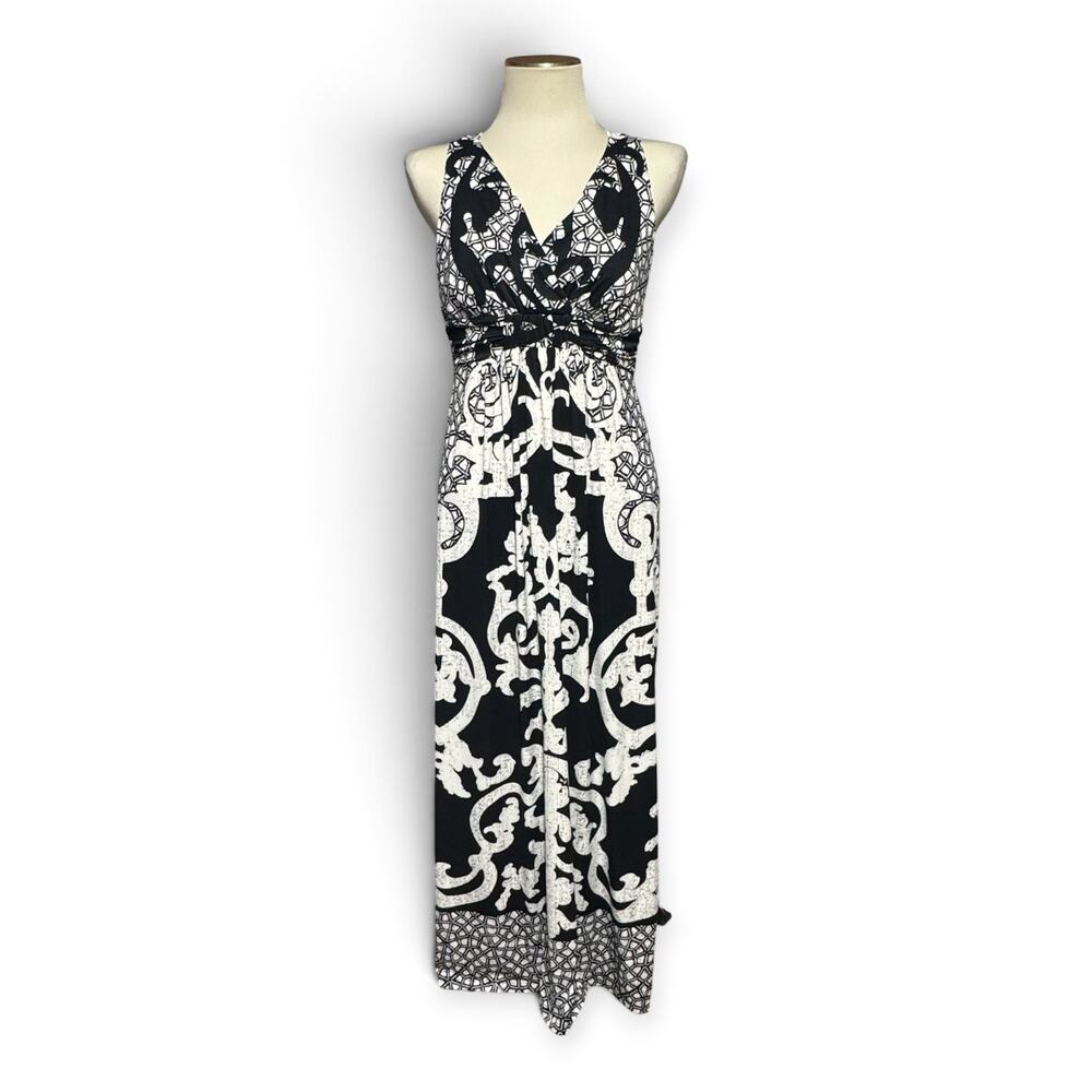 Soma Baroque Sleeveless Criss Cross Back Stretch Maxi Dress Black White Medium